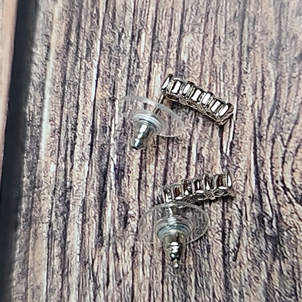 SILVER THREE ROW CZ STUD EARRINGS - Picture 6 of 8